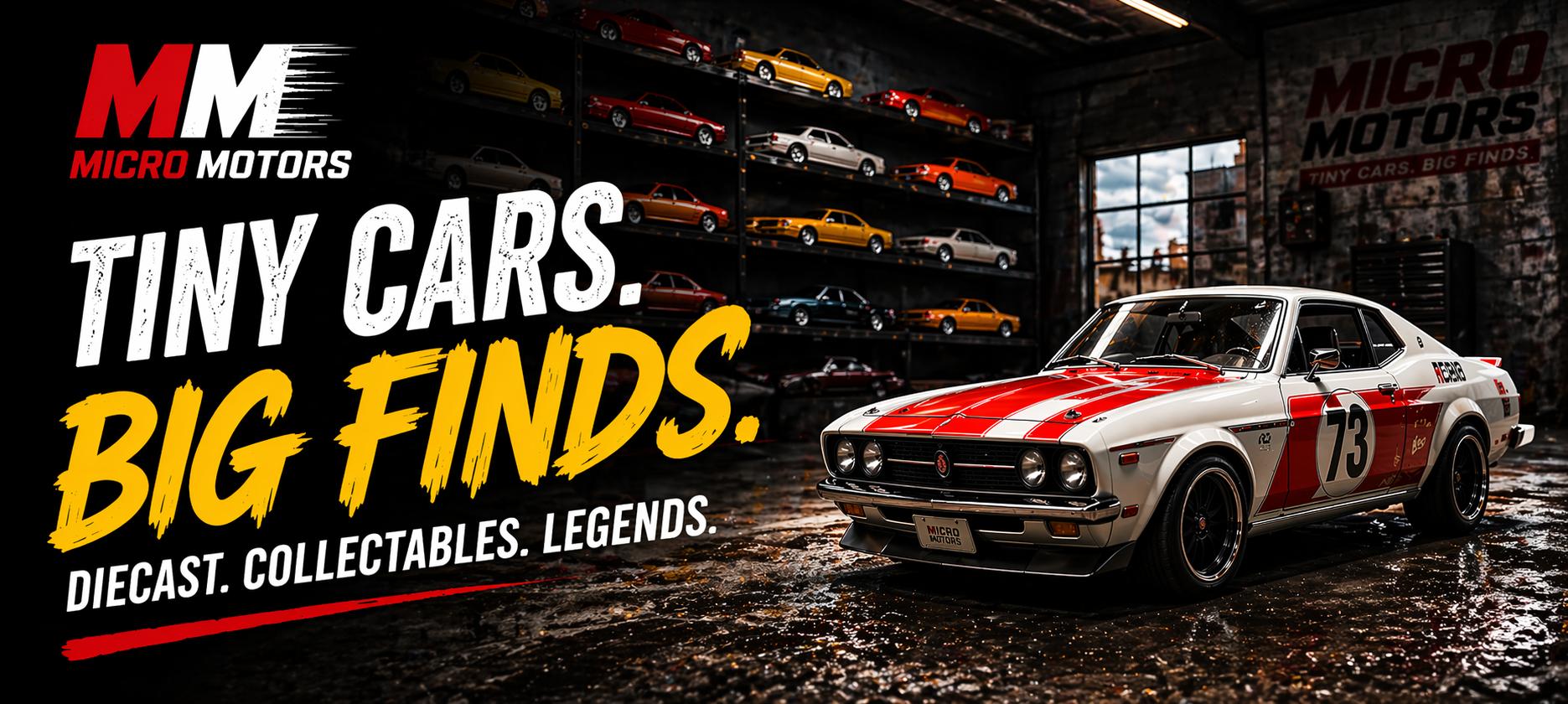 Original Micro Motors banner: Tiny cars. Big finds. The MM logo and a red and white number 73 race car in a garage lined with diecast models.